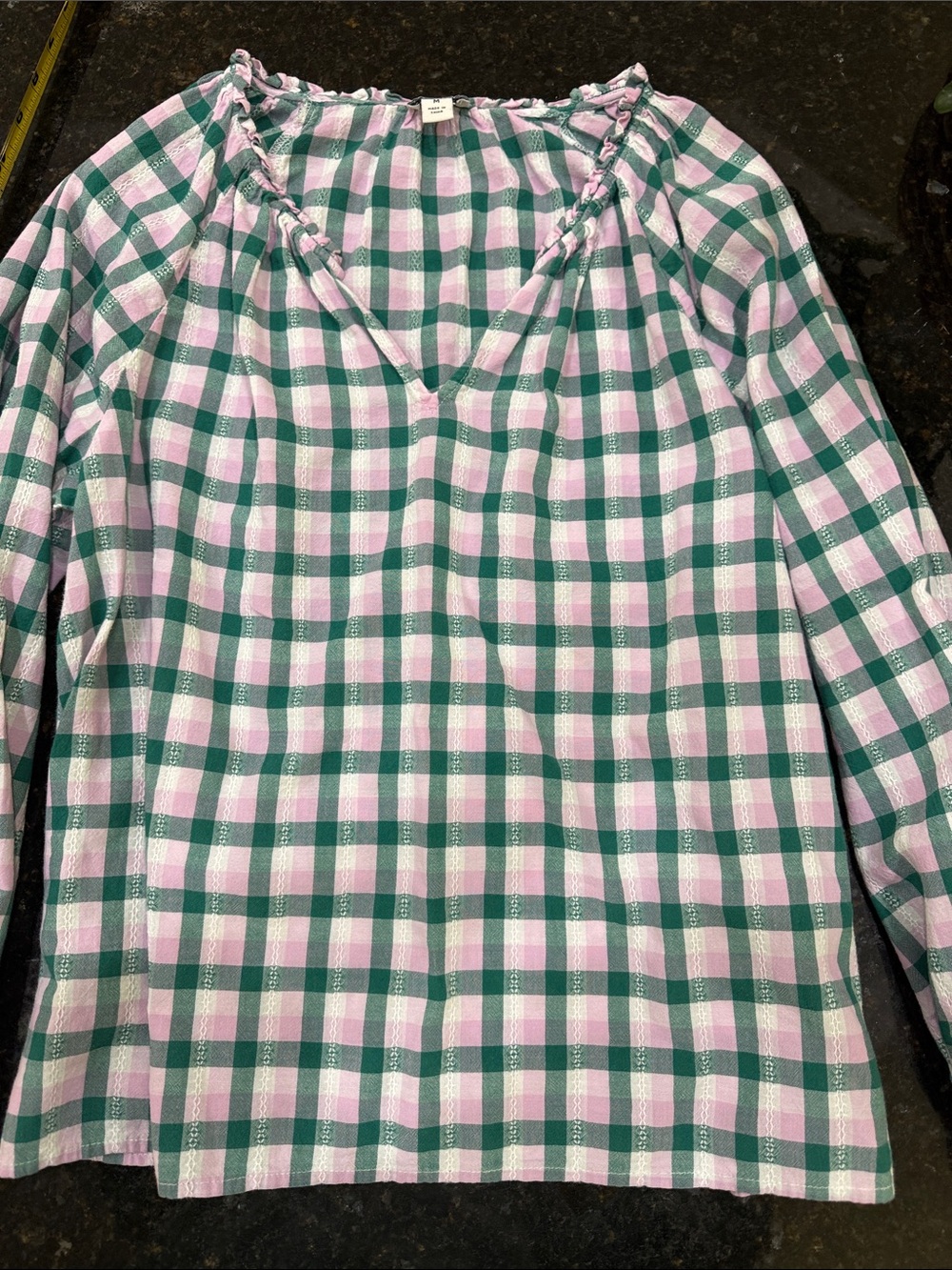 J. Crew Pink and Green Plaid Long Sleeve Peasant Top